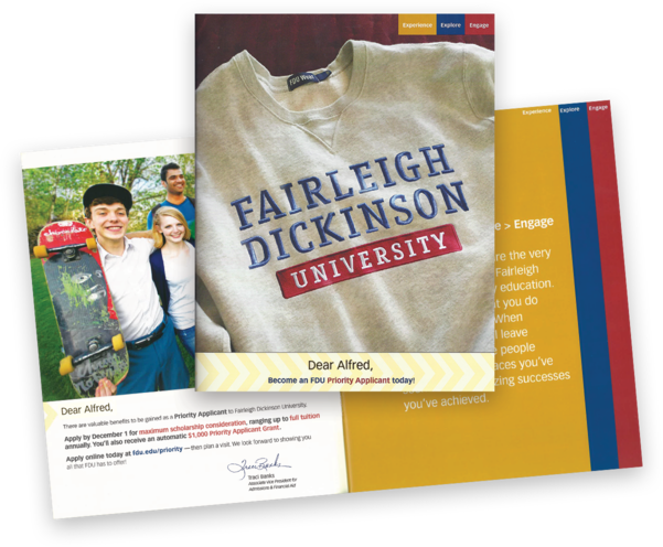 An advertisement for fairleigh dickinson university shows a shirt and a letter